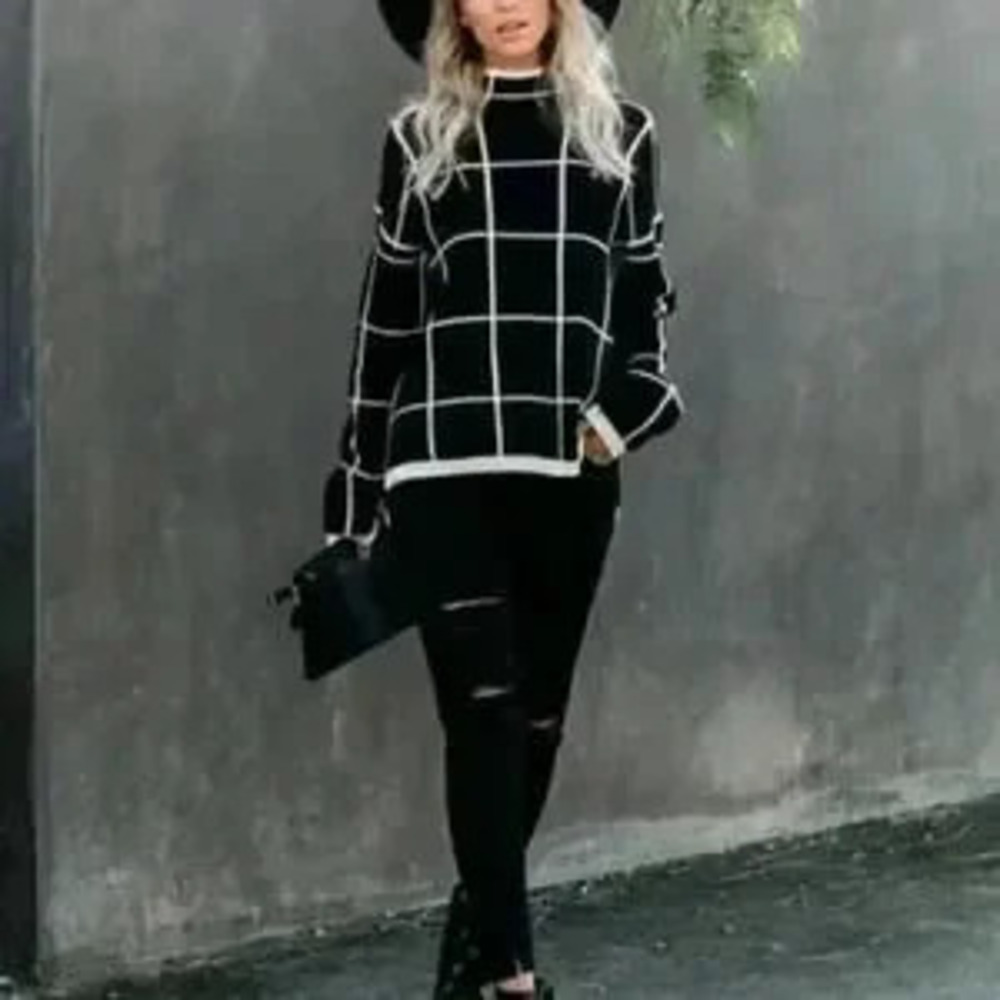 Grid Print Turtleneck knit Top